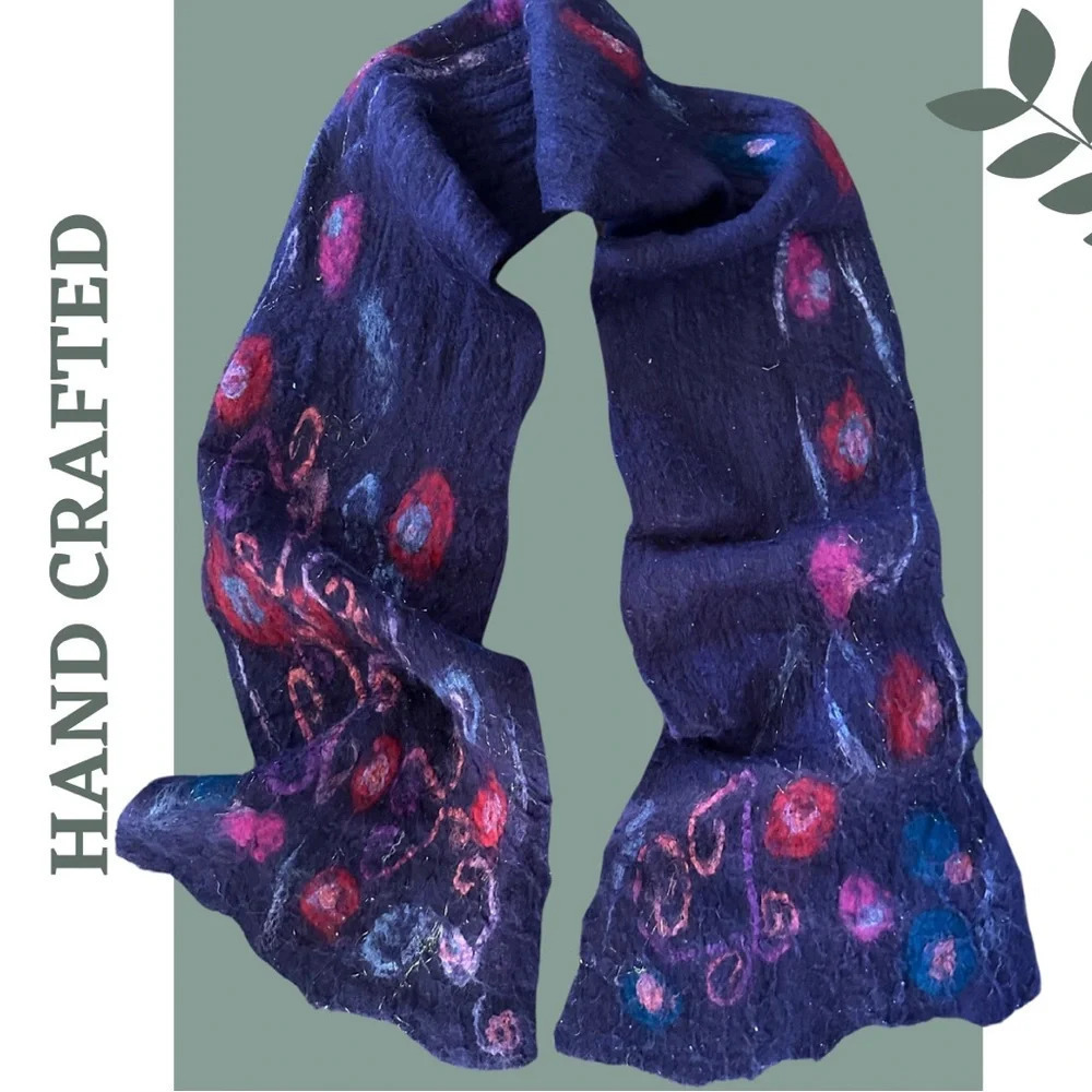 Hand Crafted Felted Wool Scarf metallic Gold Thread Purple  Red Pink Blue